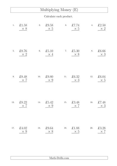 The Multiplying Pound Sterling Amounts in Increments of 2 Pence by One-Digit Multipliers (U.K.) (E) Math Worksheet
