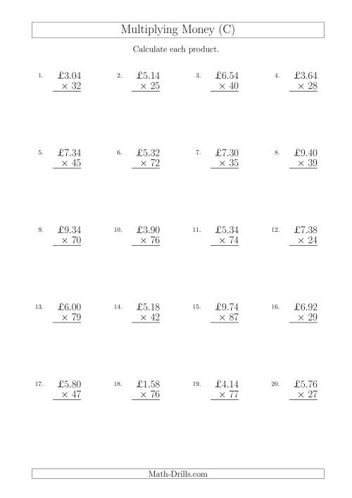 The Multiplying Pound Sterling Amounts in Increments of 2 Pence by Two-Digit Multipliers (U.K.) (C) Math Worksheet