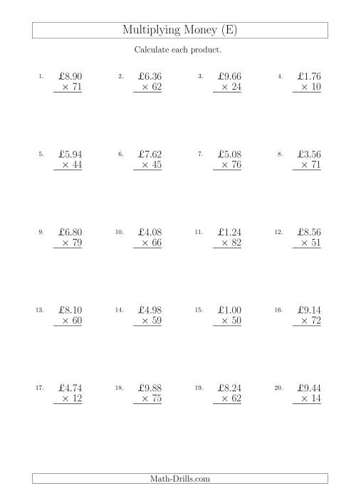 The Multiplying Pound Sterling Amounts in Increments of 2 Pence by Two-Digit Multipliers (U.K.) (E) Math Worksheet