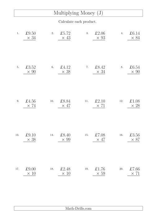 The Multiplying Pound Sterling Amounts in Increments of 2 Pence by Two-Digit Multipliers (U.K.) (J) Math Worksheet
