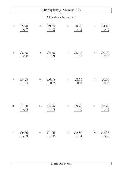 The Multiplying Pound Sterling Amounts in Increments of 5 Pence by One-Digit Multipliers (U.K.) (B) Math Worksheet