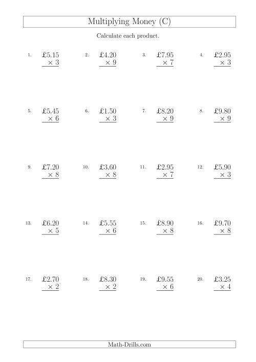 The Multiplying Pound Sterling Amounts in Increments of 5 Pence by One-Digit Multipliers (U.K.) (C) Math Worksheet