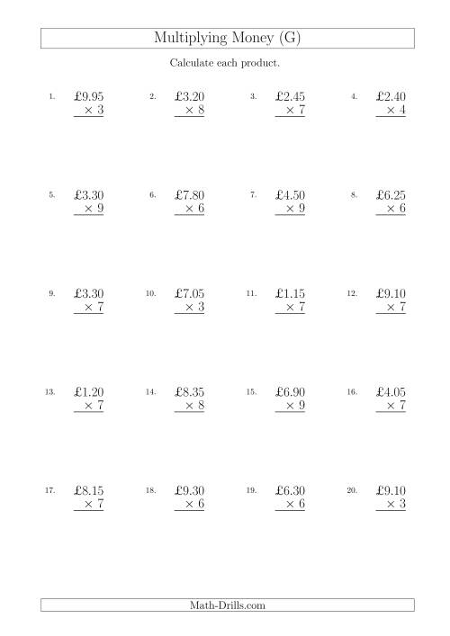 The Multiplying Pound Sterling Amounts in Increments of 5 Pence by One-Digit Multipliers (U.K.) (G) Math Worksheet