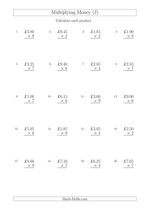 The Multiplying Pound Sterling Amounts in Increments of 5 Pence by One-Digit Multipliers (U.K.) (J) Math Worksheet