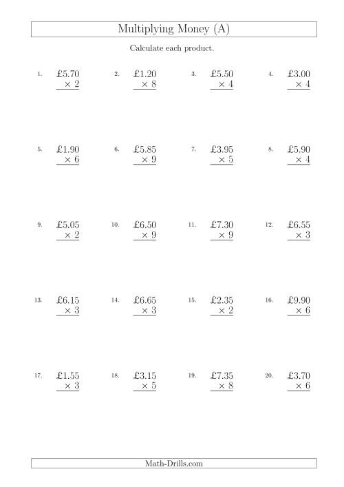 The Multiplying Pound Sterling Amounts in Increments of 5 Pence by One-Digit Multipliers (U.K.) (All) Math Worksheet