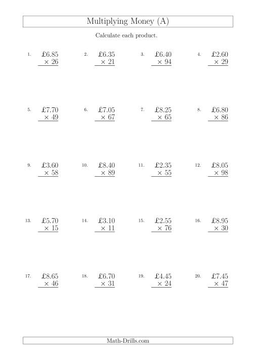 The Multiplying Pound Sterling Amounts in Increments of 5 Pence by Two-Digit Multipliers (U.K.) (A) Math Worksheet