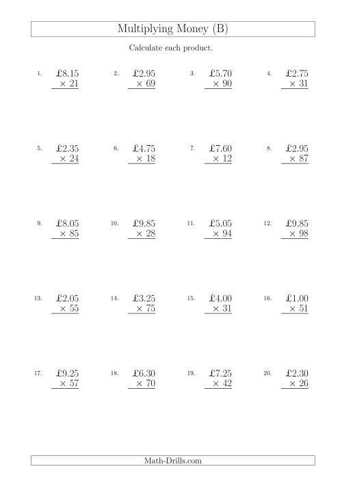 The Multiplying Pound Sterling Amounts in Increments of 5 Pence by Two-Digit Multipliers (U.K.) (B) Math Worksheet