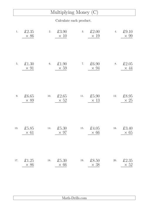 The Multiplying Pound Sterling Amounts in Increments of 5 Pence by Two-Digit Multipliers (U.K.) (C) Math Worksheet