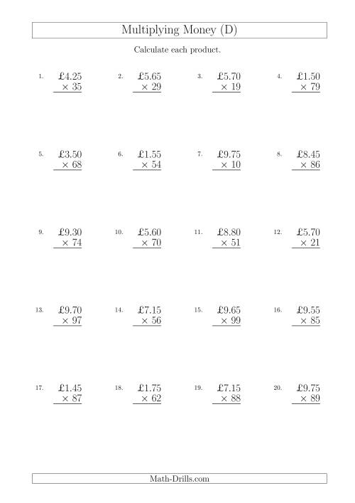 The Multiplying Pound Sterling Amounts in Increments of 5 Pence by Two-Digit Multipliers (U.K.) (D) Math Worksheet