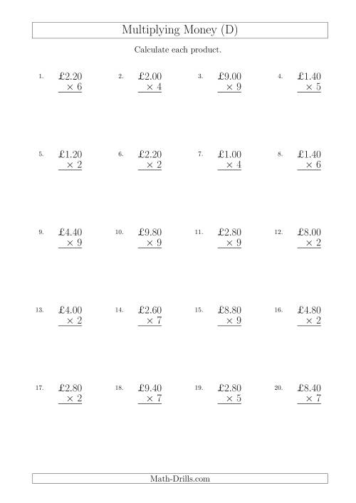 The Multiplying Pound Sterling Amounts in Increments of 20 Pence by One-Digit Multipliers (U.K.) (D) Math Worksheet