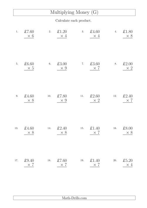 The Multiplying Pound Sterling Amounts in Increments of 20 Pence by One-Digit Multipliers (U.K.) (G) Math Worksheet