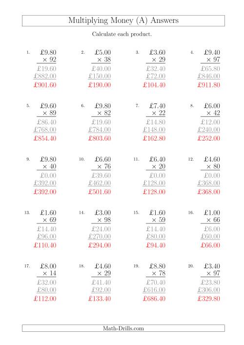 The Multiplying Pound Sterling Amounts in Increments of 20 Pence by Two-Digit Multipliers (U.K.) (All) Math Worksheet Page 2