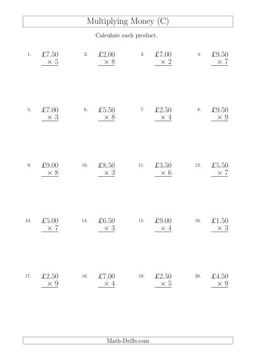 The Multiplying Pound Sterling Amounts in Increments of 50 Pence by One-Digit Multipliers (U.K.) (C) Math Worksheet