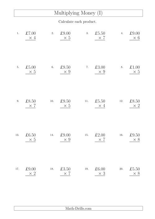 The Multiplying Pound Sterling Amounts in Increments of 50 Pence by One-Digit Multipliers (U.K.) (I) Math Worksheet