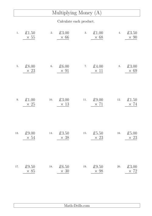 The Multiplying Pound Sterling Amounts in Increments of 50 Pence by Two-Digit Multipliers (U.K.) (A) Math Worksheet