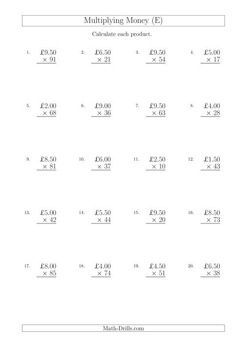 The Multiplying Pound Sterling Amounts in Increments of 50 Pence by Two-Digit Multipliers (U.K.) (E) Math Worksheet
