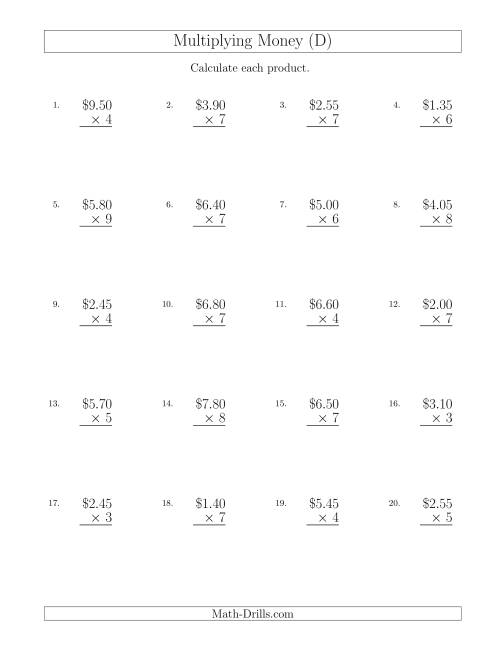 The Multiplying Dollar Amounts in Increments of 5 Cents by One-Digit Multipliers (U.S. and Canada) (D) Math Worksheet