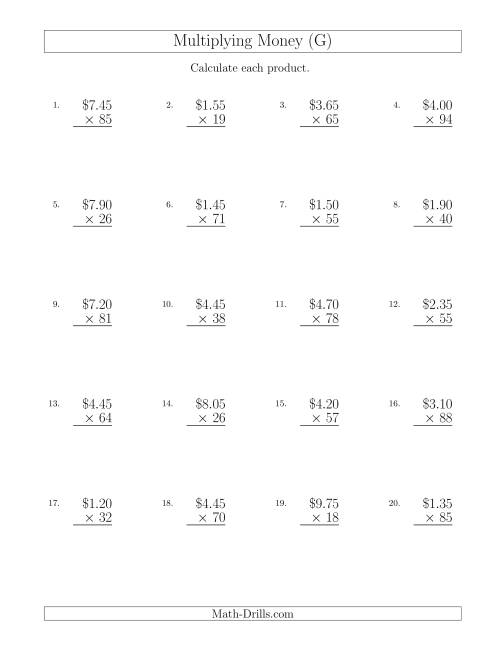 The Multiplying Dollar Amounts in Increments of 5 Cents by Two-Digit Multipliers (U.S. and Canada) (G) Math Worksheet