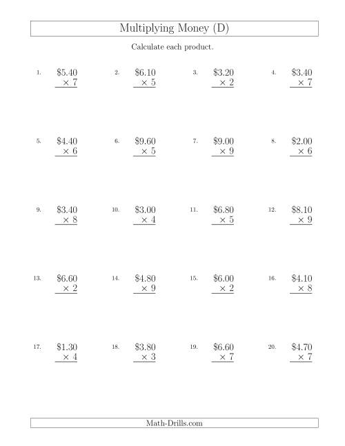 The Multiplying Dollar Amounts in Increments of 10 Cents by One-Digit Multipliers (U.S. and Canada) (D) Math Worksheet