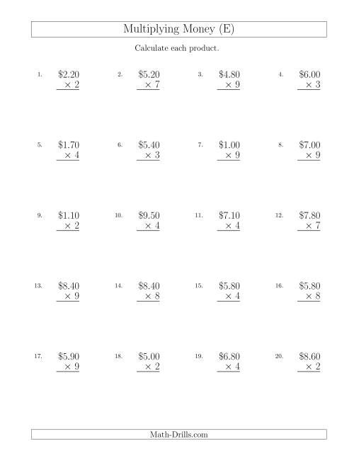 The Multiplying Dollar Amounts in Increments of 10 Cents by One-Digit Multipliers (U.S. and Canada) (E) Math Worksheet