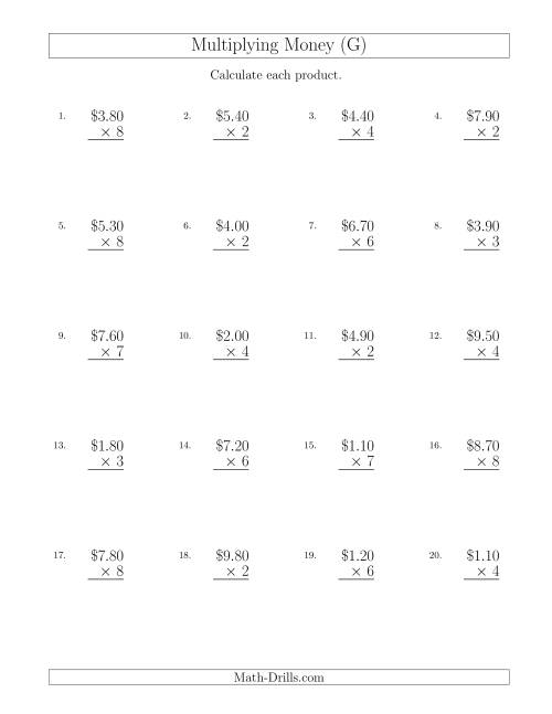 The Multiplying Dollar Amounts in Increments of 10 Cents by One-Digit Multipliers (U.S. and Canada) (G) Math Worksheet
