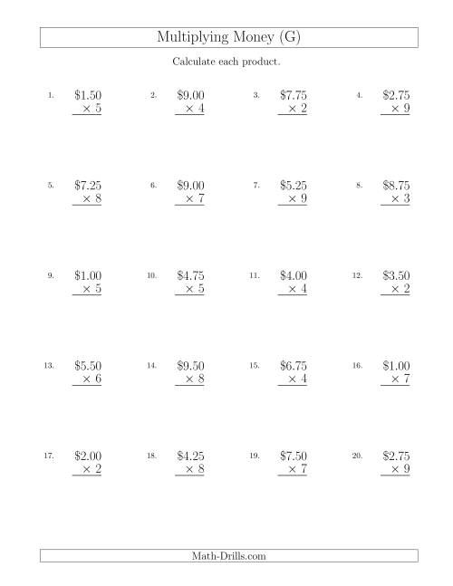 The Multiplying Dollar Amounts in Increments of 25 Cents by One-Digit Multipliers (U.S. and Canada) (G) Math Worksheet