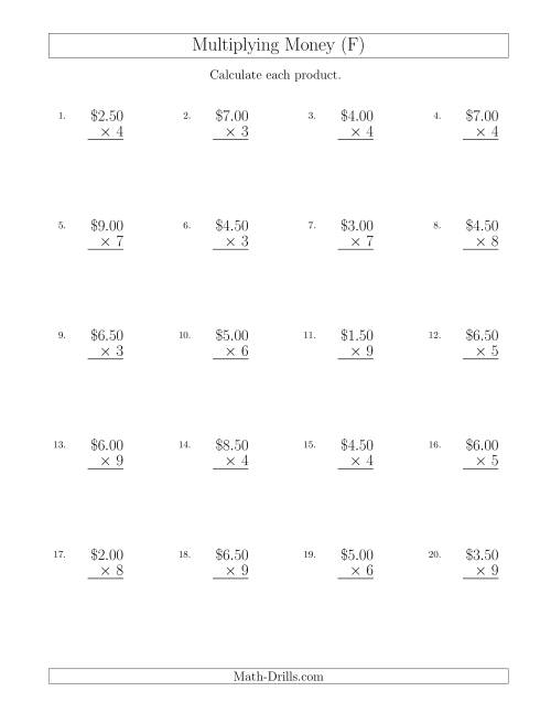 The Multiplying Dollar Amounts in Increments of 50 Cents by One-Digit Multipliers (U.S. and Canada) (F) Math Worksheet