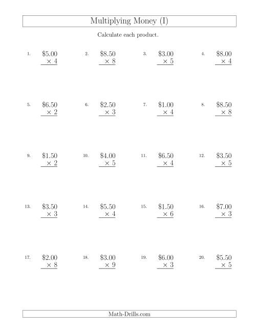 The Multiplying Dollar Amounts in Increments of 50 Cents by One-Digit Multipliers (U.S. and Canada) (I) Math Worksheet