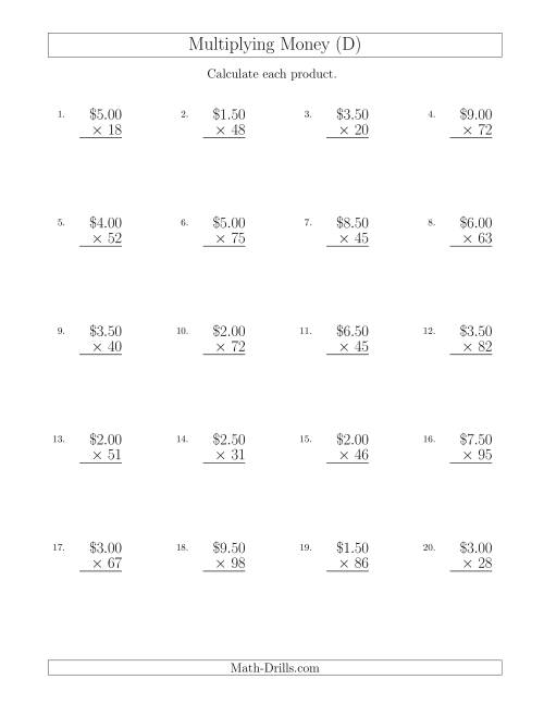 The Multiplying Dollar Amounts in Increments of 50 Cents by Two-Digit Multipliers (U.S. and Canada) (D) Math Worksheet