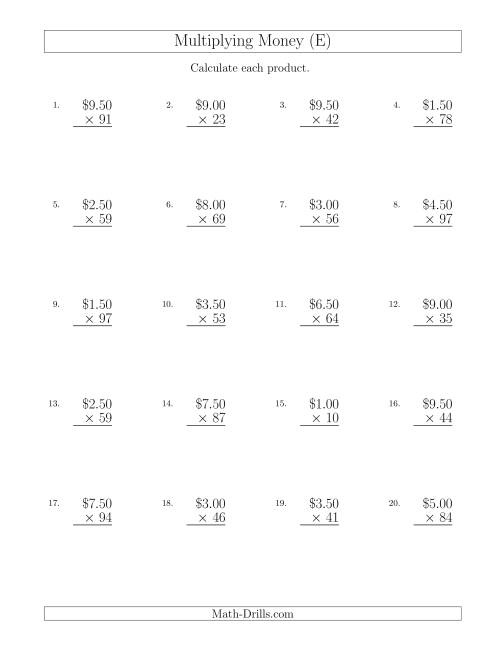 The Multiplying Dollar Amounts in Increments of 50 Cents by Two-Digit Multipliers (U.S. and Canada) (E) Math Worksheet