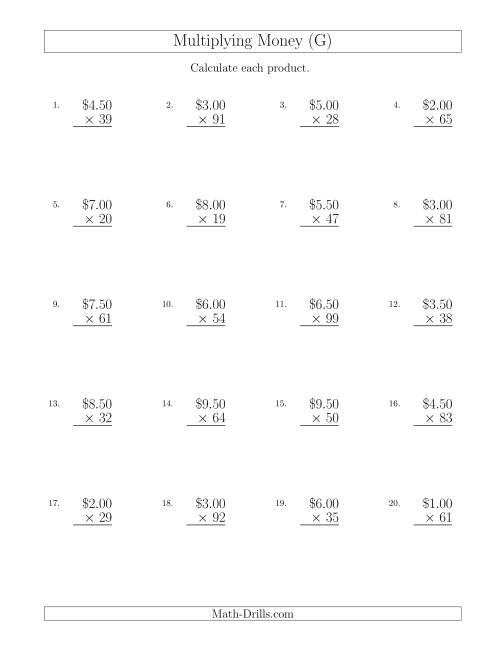The Multiplying Dollar Amounts in Increments of 50 Cents by Two-Digit Multipliers (U.S. and Canada) (G) Math Worksheet