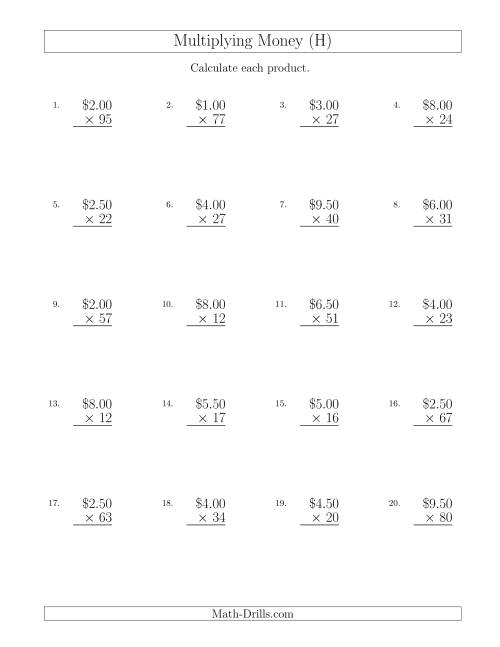 The Multiplying Dollar Amounts in Increments of 50 Cents by Two-Digit Multipliers (U.S. and Canada) (H) Math Worksheet