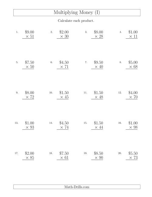 The Multiplying Dollar Amounts in Increments of 50 Cents by Two-Digit Multipliers (U.S. and Canada) (I) Math Worksheet