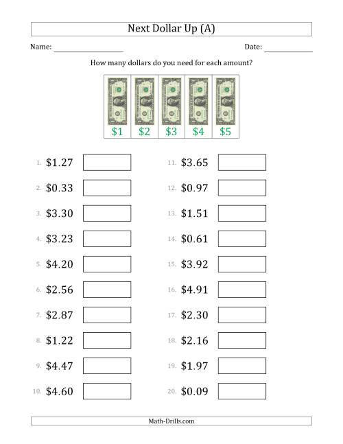 The Next Dollar Up Strategy with Amounts to $5 (U.S.) (A) Math Worksheet