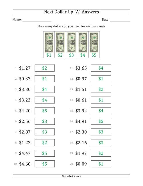 The Next Dollar Up Strategy with Amounts to $5 (U.S.) (A) Math Worksheet Page 2