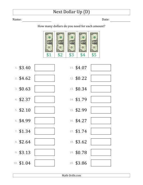 The Next Dollar Up Strategy with Amounts to $5 (U.S.) (D) Math Worksheet