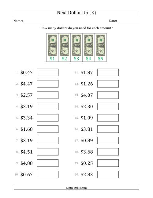 The Next Dollar Up Strategy with Amounts to $5 (U.S.) (E) Math Worksheet