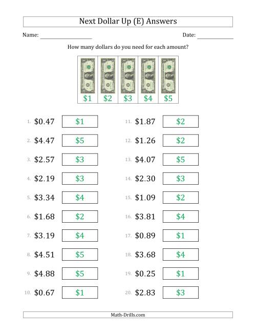 The Next Dollar Up Strategy with Amounts to $5 (U.S.) (E) Math Worksheet Page 2