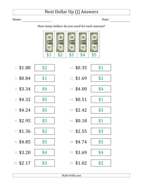 The Next Dollar Up Strategy with Amounts to $5 (U.S.) (J) Math Worksheet Page 2