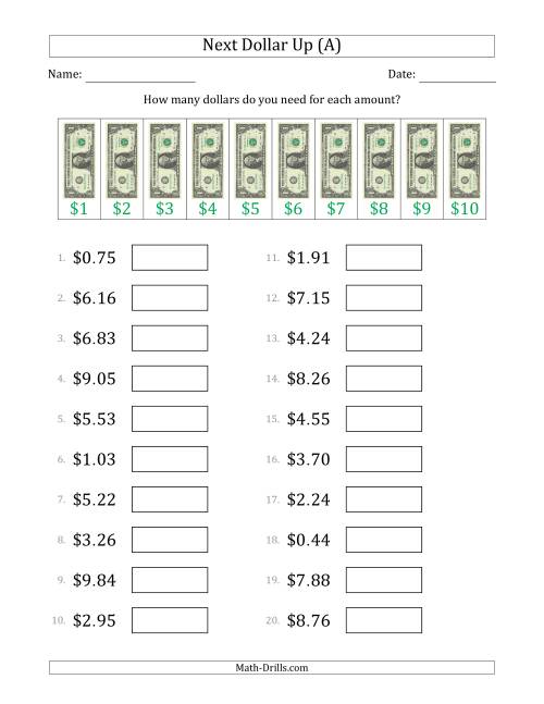 The Next Dollar Up Strategy with Amounts to $10 (U.S.) (A) Math Worksheet