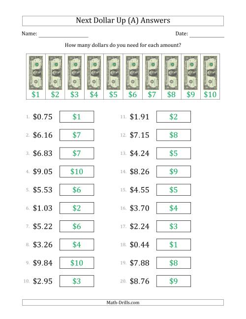 The Next Dollar Up Strategy with Amounts to $10 (U.S.) (A) Math Worksheet Page 2