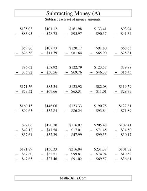 The Subtracting U.S. Money to $100 (A) Math Worksheet