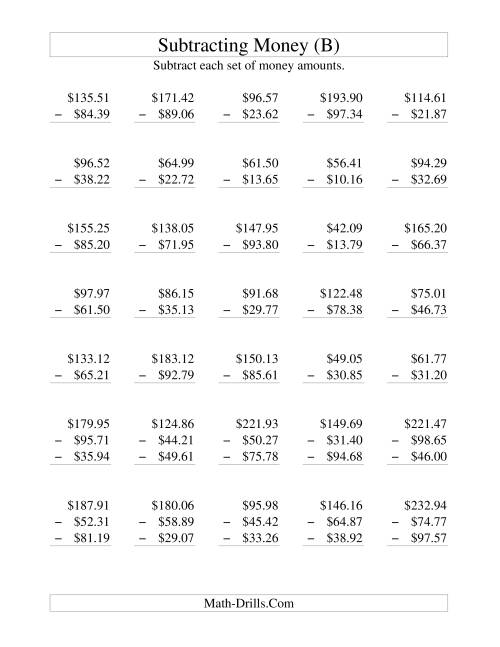 The Subtracting U.S. Money to $100 (B) Math Worksheet