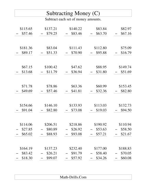 The Subtracting U.S. Money to $100 (C) Math Worksheet