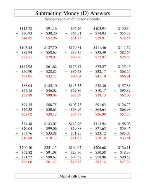 The Subtracting U.S. Money to $100 (D) Math Worksheet Page 2