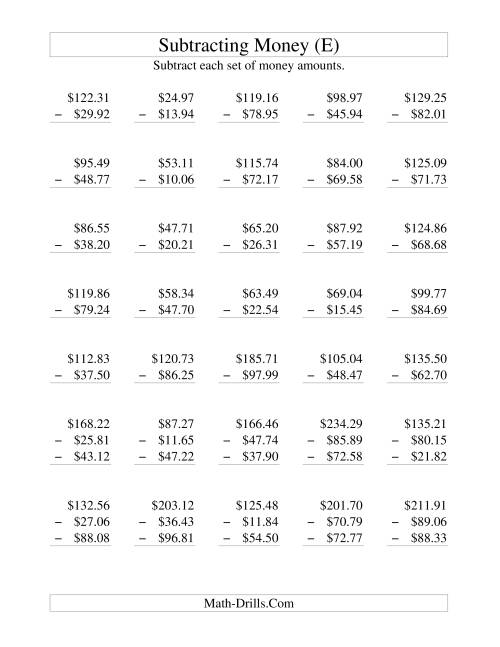 The Subtracting U.S. Money to $100 (E) Math Worksheet