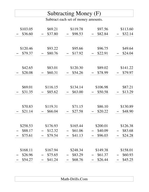 The Subtracting U.S. Money to $100 (F) Math Worksheet