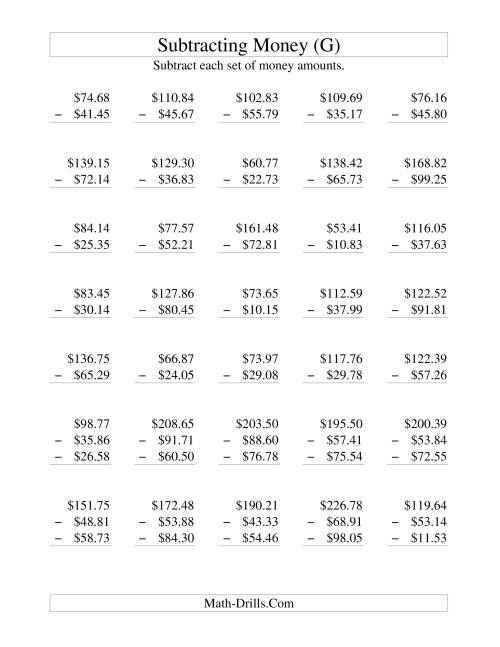 The Subtracting U.S. Money to $100 (G) Math Worksheet