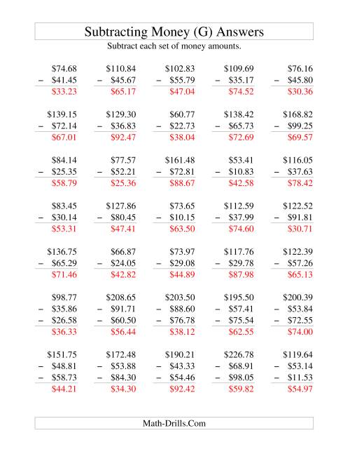 The Subtracting U.S. Money to $100 (G) Math Worksheet Page 2