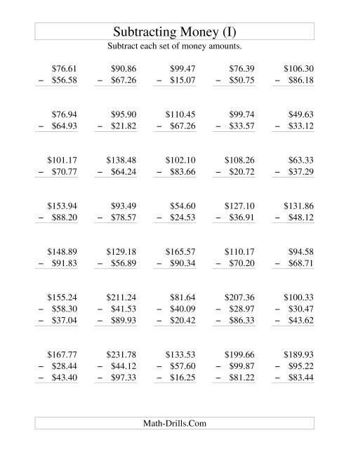 The Subtracting U.S. Money to $100 (I) Math Worksheet